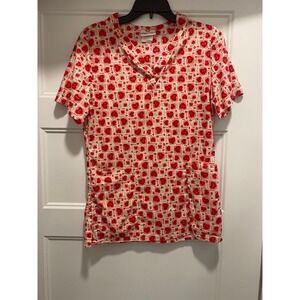 White Cross Scrubs Top Women Size Small Heart Print Short Sleeve V Neck medical